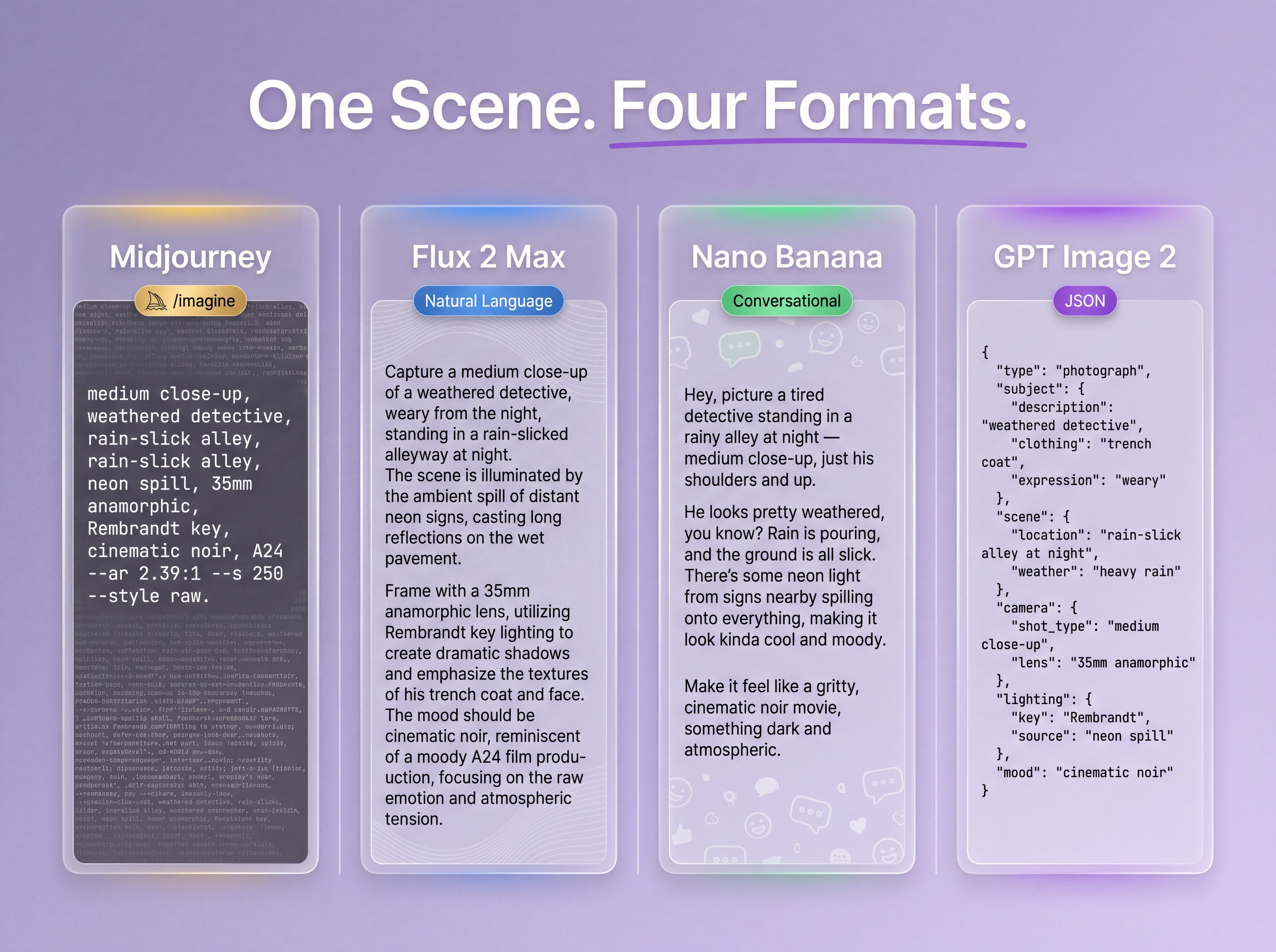 One scene, four formats — the same detective scene written as Midjourney slash-imagine parameters, Flux natural language, Nano Banana conversational description, and GPT Image structured JSON