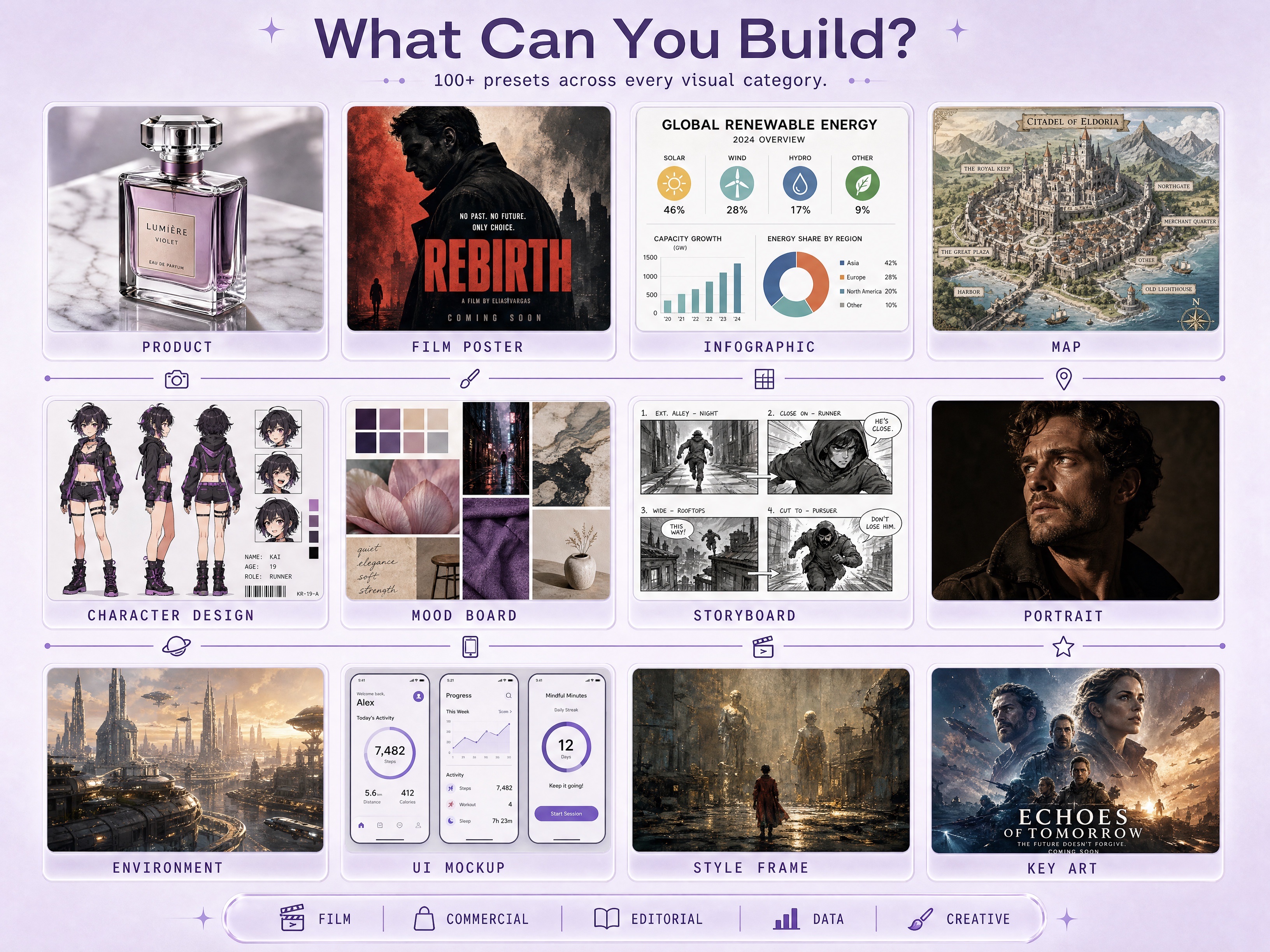 What can you build — a twelve-tile showcase: product, film poster, infographic, map, character design, mood board, storyboard, portrait, environment, UI mockup, style frame, and key art