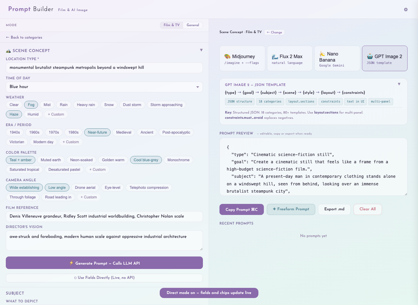 Real screenshot of the current Prompt Builder interface in direct mode — scene concept fields on the left with weather, era, palette and camera-angle chips selected, and a live GPT Image JSON prompt preview on the right